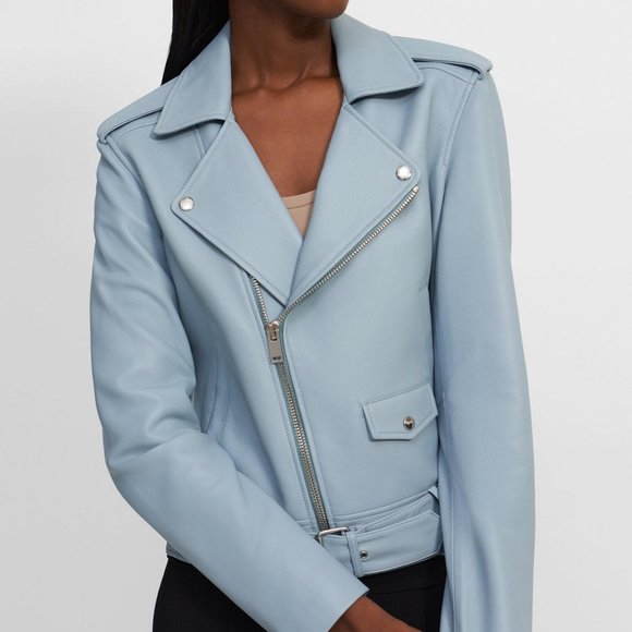 NWOT Theory Moto Leather Jacket - Eggshell Blue - Picture 1 of 5
